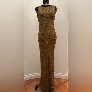 Stenay Vintage 100% Silk Elegant Gold Beaded Sleeveless Maxi Gown Dress Size 10